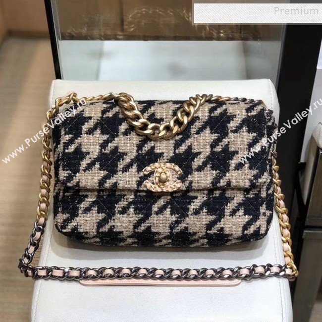 Chanel 19 Houndstooth Wool Tweed Large Flap Bag AS1161 Beige/Black 2019 (SMJD-9120904)