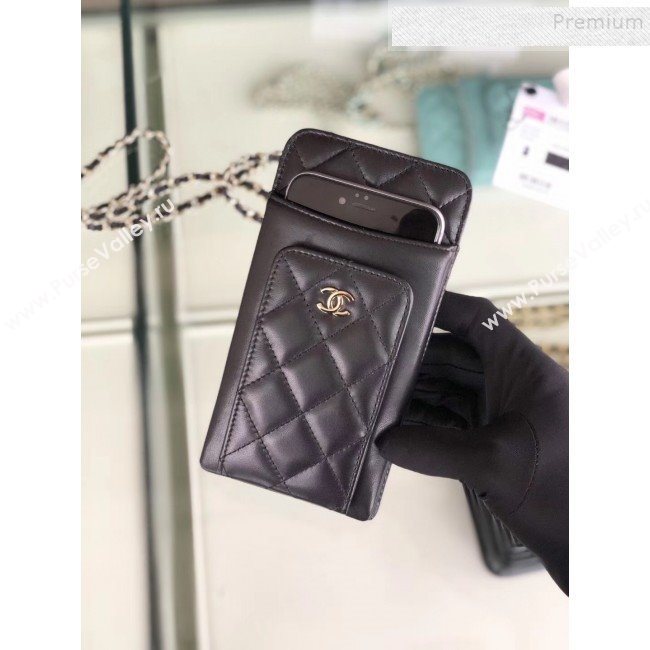 Chanel Quilted Lambskin Vertical Phone Holder/Classic Clutch with Chain AP0990 Black 2019 (KAIS-9120914)