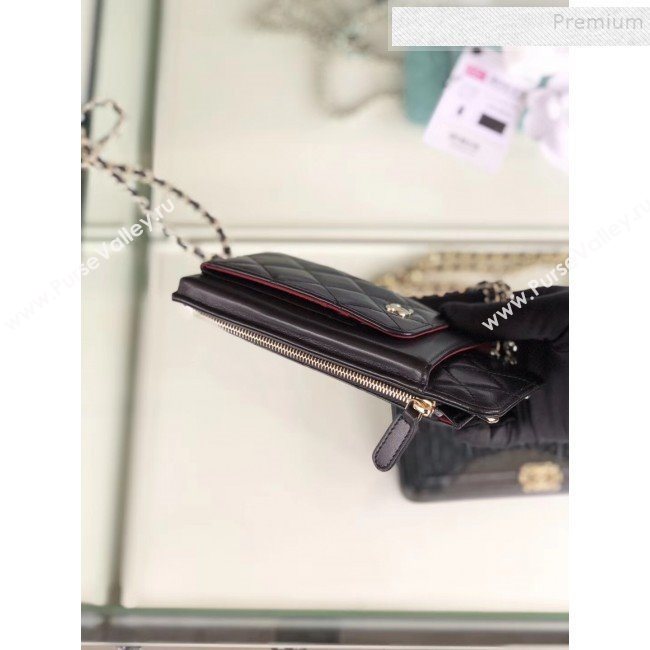 Chanel Quilted Lambskin Vertical Phone Holder/Classic Clutch with Chain AP0990 Black 2019 (KAIS-9120914)