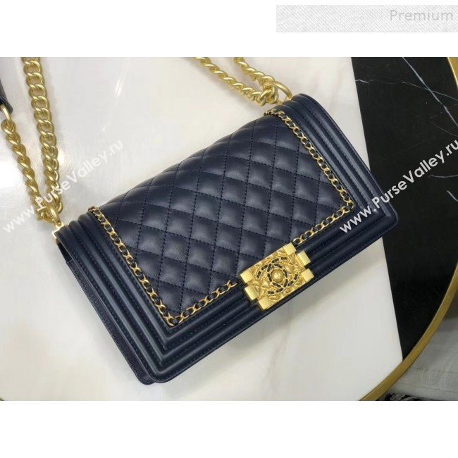 Chanel Quilted Calfskin Chain Medium Boy Flap Bag A67086 Navy Blue 2019 (KAIS-9120919)