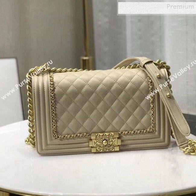 Chanel Quilted Calfskin Chain Medium Boy Flap Bag A67086 Beige 2019 (KAIS-9120921)