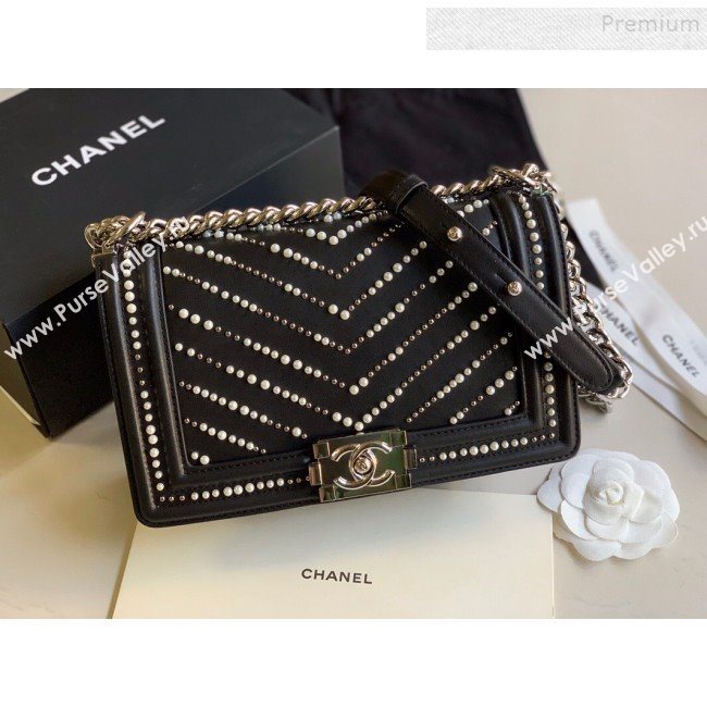 Chanel Pearl Chevron Calfskin Medium Boy Flap Bag A67086 Black 2020 (FM-9120927)