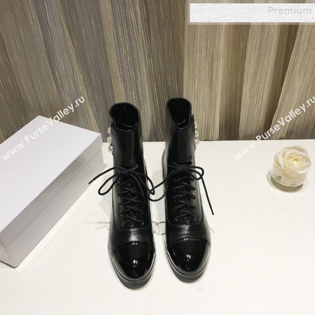 Chanel Calfskin Pearls Lace-up Short Boots Black 2019 (DLY-9121216)