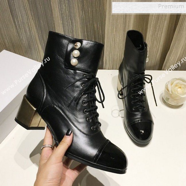 Chanel Calfskin Pearls Lace-up Short Boots Black 2019 (DLY-9121216)