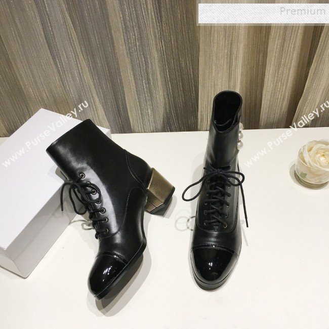 Chanel Calfskin Pearls Lace-up Short Boots Black 2019 (DLY-9121216)