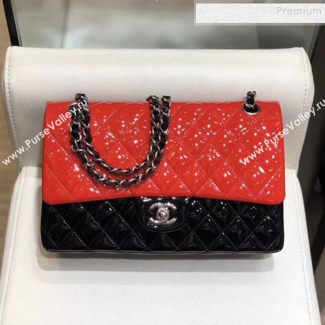 Chanel Quilted Patent Calfskin Medium Classic Flap Bag  A01112 Red/Black/Silver 2019 (SMJD-9121312)