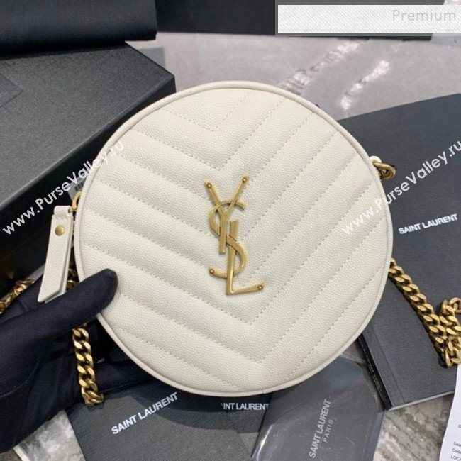 Saint Laurent Vinyle Round Camera Bag in Chevron Grained Leather 610436 White 2019 (JD-9121115)