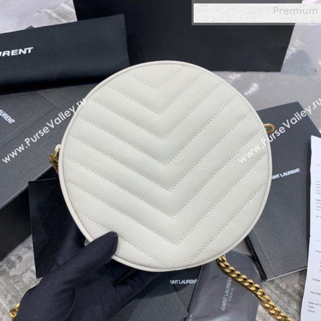 Saint Laurent Vinyle Round Camera Bag in Chevron Grained Leather 610436 White 2019 (JD-9121115)