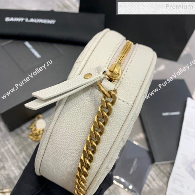 Saint Laurent Vinyle Round Camera Bag in Chevron Grained Leather 610436 White 2019 (JD-9121115)