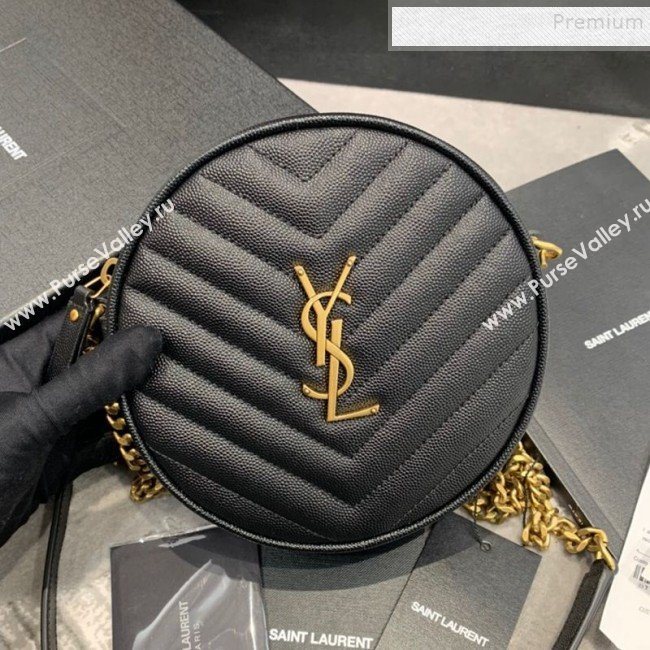 Saint Laurent Vinyle Round Camera Bag in Chevron Grained Leather 610436 Black 2019 (JD-9121114)