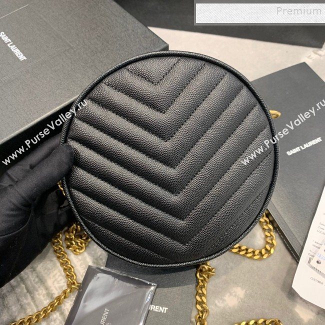 Saint Laurent Vinyle Round Camera Bag in Chevron Grained Leather 610436 Black 2019 (JD-9121114)