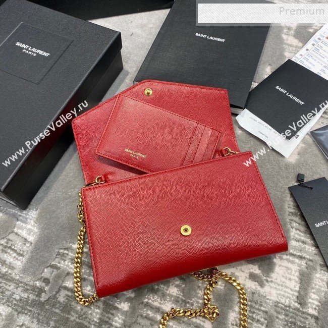 Saint Laurent Uptown Envelope Chain Wallet WOC in Grained Leather 607788 Red 2019 (JD-9121117)