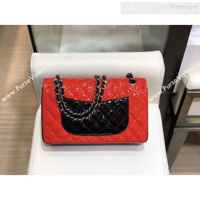 Chanel Quilted Patent Calfskin Medium Classic Flap Bag  A01112 Red/Black/Silver 2019 (SMJD-9121312)