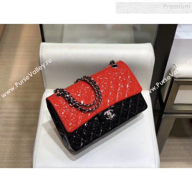 Chanel Quilted Patent Calfskin Medium Classic Flap Bag  A01112 Red/Black/Silver 2019 (SMJD-9121312)