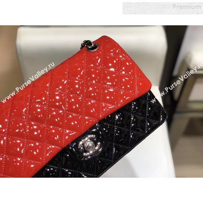 Chanel Quilted Patent Calfskin Medium Classic Flap Bag  A01112 Red/Black/Silver 2019 (SMJD-9121312)