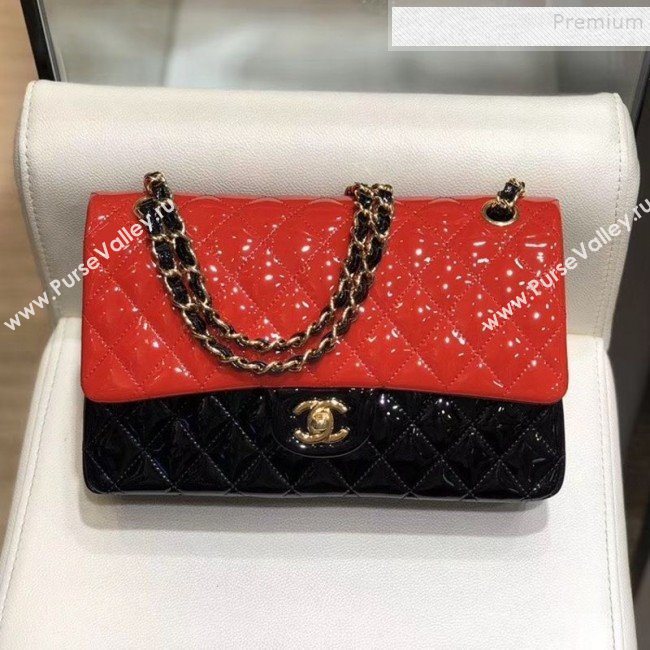 Chanel Quilted Patent Calfskin Medium Classic Flap Bag  A01112 Red/Black/Gold 2019 (SMJD-9121313)