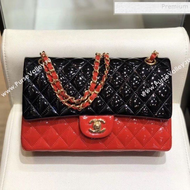 Chanel Quilted Patent Calfskin Medium Classic Flap Bag  A01112 Black/Red 2019 (SMJD-9121314)