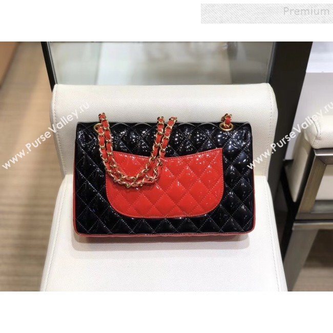 Chanel Quilted Patent Calfskin Medium Classic Flap Bag  A01112 Black/Red 2019 (SMJD-9121314)