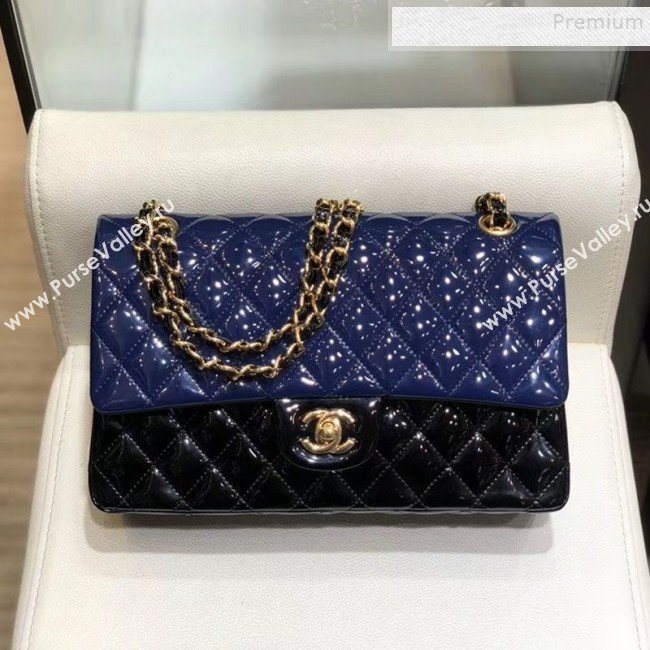 Chanel Quilted Patent Calfskin Medium Classic Flap Bag  A01112 Navy Blue/Black 2019 (SMJD-9121315)