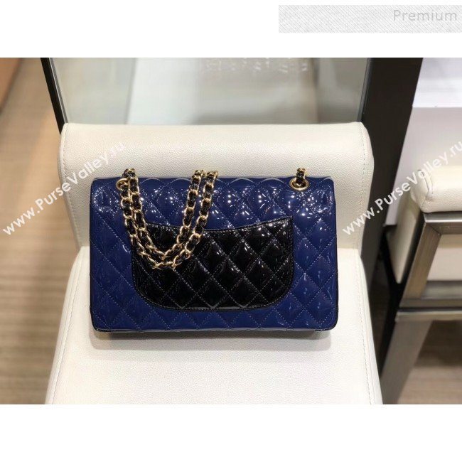 Chanel Quilted Patent Calfskin Medium Classic Flap Bag  A01112 Navy Blue/Black 2019 (SMJD-9121315)
