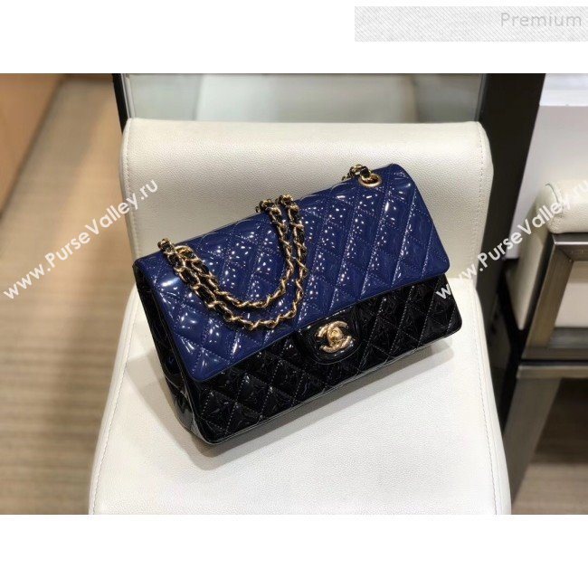Chanel Quilted Patent Calfskin Medium Classic Flap Bag  A01112 Navy Blue/Black 2019 (SMJD-9121315)