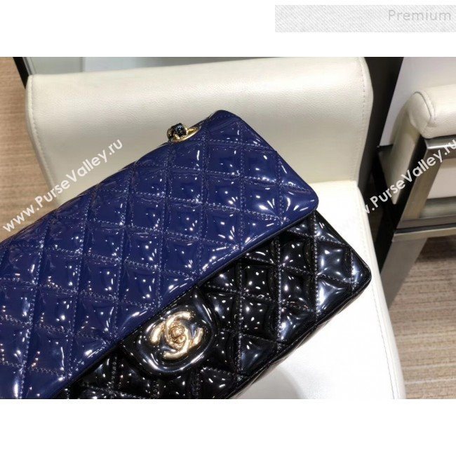 Chanel Quilted Patent Calfskin Medium Classic Flap Bag  A01112 Navy Blue/Black 2019 (SMJD-9121315)