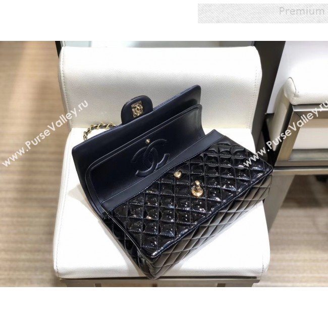 Chanel Quilted Patent Calfskin Medium Classic Flap Bag  A01112 Navy Blue/Black 2019 (SMJD-9121315)
