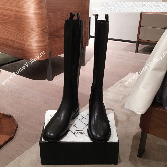 Chanel Leather Camellia Slip-on Flat High Boots Black 2019 (KL-9121623)