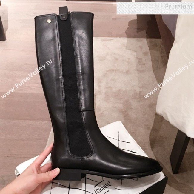 Chanel Leather Camellia Slip-on Flat High Boots Black 2019 (KL-9121623)