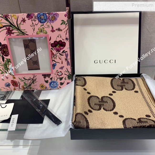 Gucci GG Wool Jacquard Scarf 45x195cm Beige/Brown 2019 (WNS-9121626)