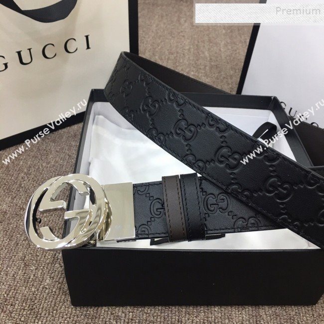 Gucci GG Embossed Calfskin Belt 37mm with Interlocking G Buckle Black/Silver 2019 (SJ-9121831)