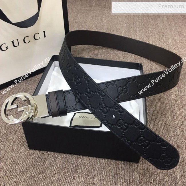 Gucci GG Embossed Calfskin Belt 37mm with Interlocking G Buckle Black/Silver 2019 (SJ-9121831)