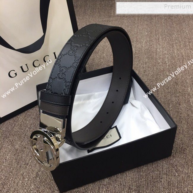 Gucci GG Embossed Calfskin Belt 37mm with Interlocking G Buckle Black/Silver 2019 (SJ-9121831)