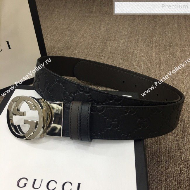 Gucci GG Embossed Calfskin Belt 37mm with Interlocking G Buckle Black/Silver 2019 (SJ-9121831)