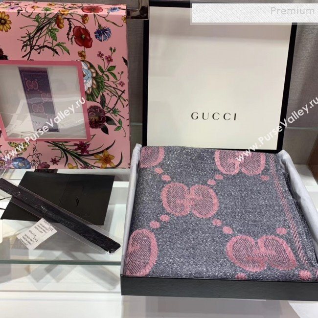 Gucci GG Wool Jacquard Scarf 45x195cm Silver/Pink 2019 (WNS-9121833)