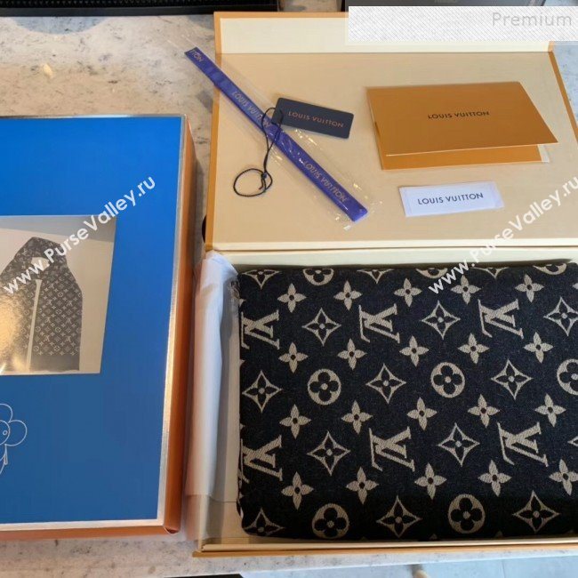Louis Vuitton Monogram Duo Wool Silk Scarf 70x200cm Black/Light Grey  (WNS-9121834)
