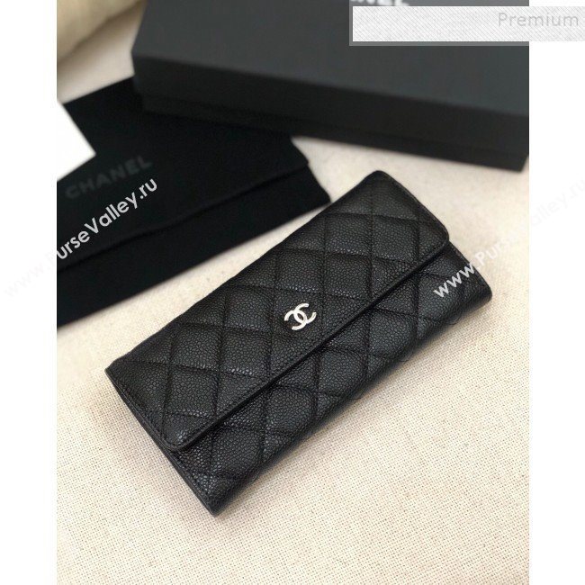 Chanel Classic Quilted Grained Leather Flap Wallet A50096 Black/Silver  (YD-9121903)