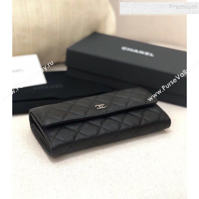 Chanel Classic Quilted Grained Leather Flap Wallet A50096 Black/Silver  (YD-9121903)