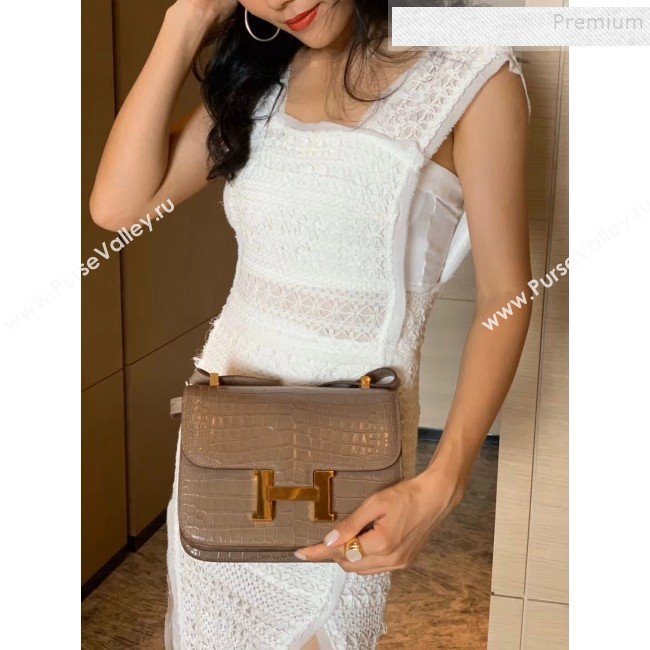 Hermes Constance 18/23cm in Crocodile Embossed Calf Leather Dove Grey/Gold 2019 (Half Handmade) (FL-9122124)