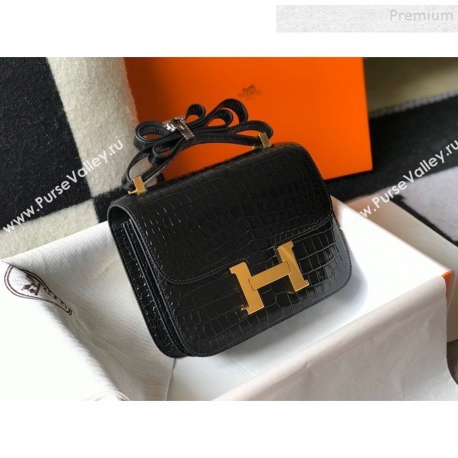 Hermes Constance 18/23cm in Crocodile Embossed Calf Leather Black/Gold 2019 (Half Handmade) (FL-9122114)
