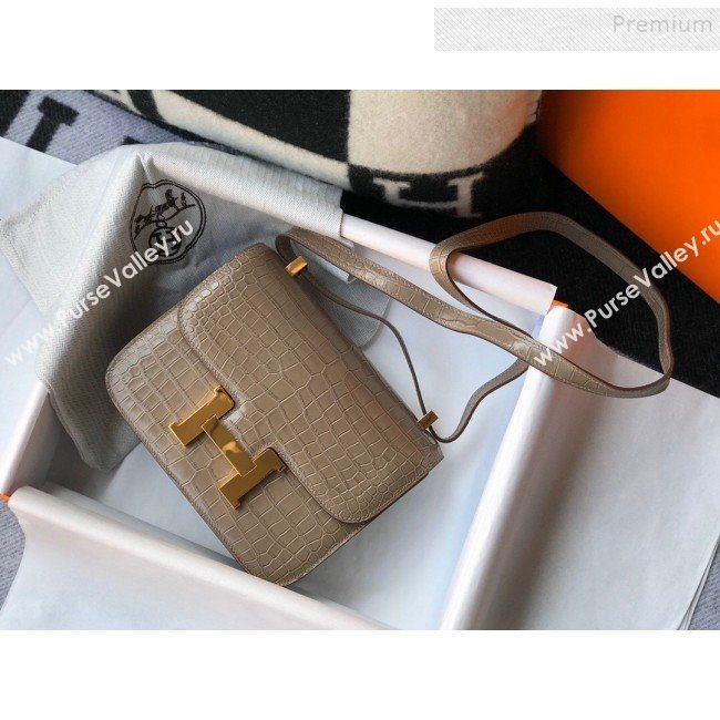 Hermes Constance 18/23cm in Crocodile Embossed Calf Leather Dove Grey/Gold 2019 (Half Handmade) (FL-9122124)