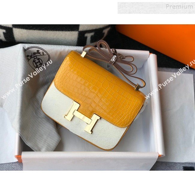 Hermes Constance 18/23cm in Crocodile Embossed Calf Leather Amber Yellow/Gold 2019 (Half Handmade) (FL-9122125)