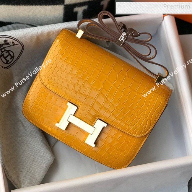 Hermes Constance 18/23cm in Crocodile Embossed Calf Leather Amber Yellow/Gold 2019 (Half Handmade) (FL-9122125)