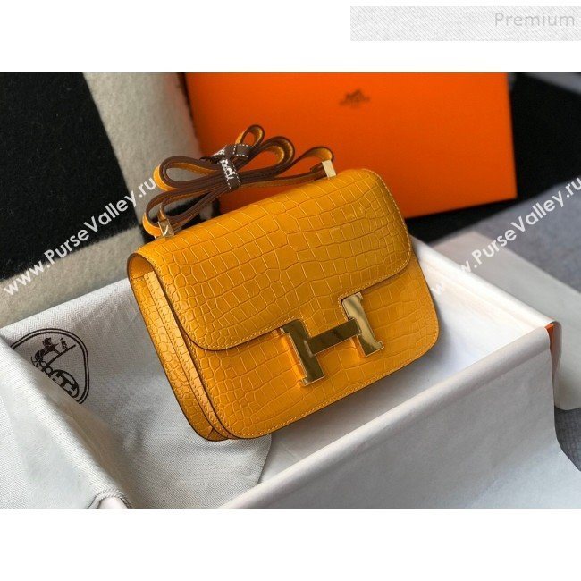 Hermes Constance 18/23cm in Crocodile Embossed Calf Leather Amber Yellow/Gold 2019 (Half Handmade) (FL-9122125)