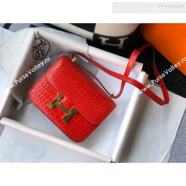 Hermes Constance 18/23cm in Crocodile Embossed Calf Leather Red/Gold 2019 (Half Handmade) (FL-9122126)