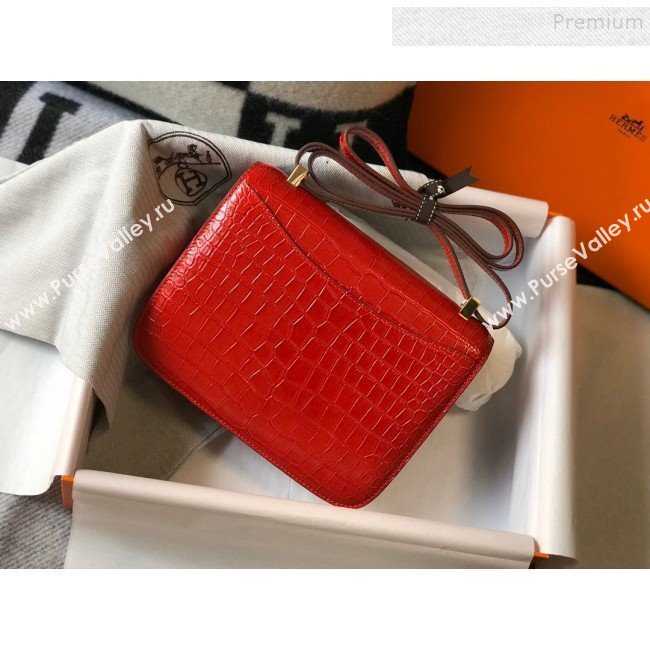 Hermes Constance 18/23cm in Crocodile Embossed Calf Leather Red/Gold 2019 (Half Handmade) (FL-9122126)