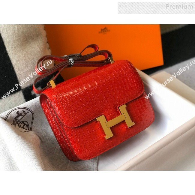 Hermes Constance 18/23cm in Crocodile Embossed Calf Leather Red/Gold 2019 (Half Handmade) (FL-9122126)