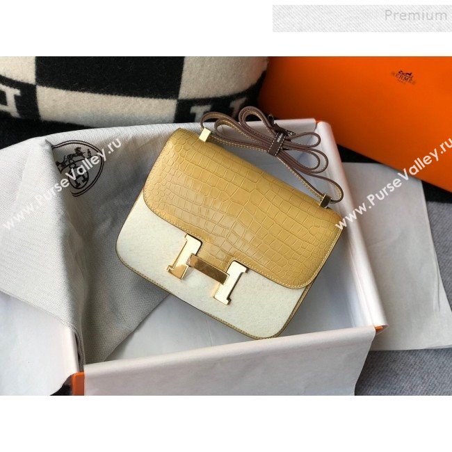 Hermes Constance 18/23cm in Crocodile Embossed Calf Leather Light Yellow/Gold 2019 (Half Handmade) (FL-9122127)