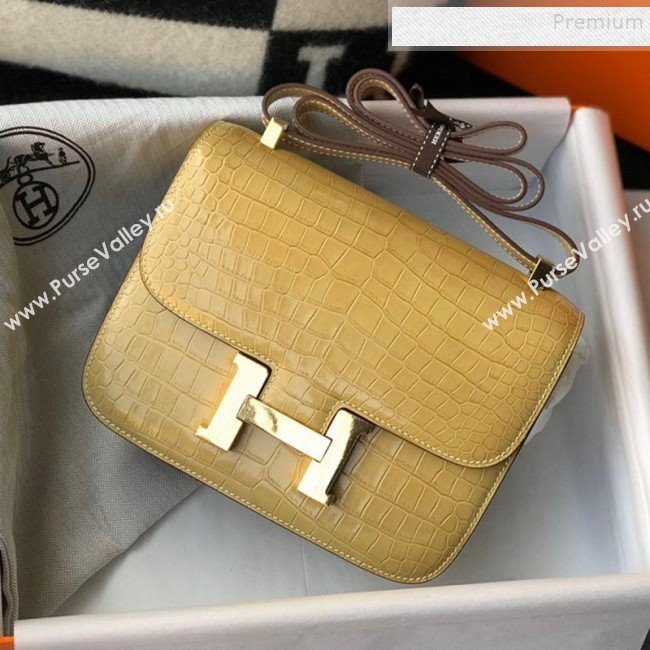 Hermes Constance 18/23cm in Crocodile Embossed Calf Leather Light Yellow/Gold 2019 (Half Handmade) (FL-9122127)