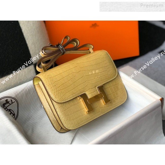 Hermes Constance 18/23cm in Crocodile Embossed Calf Leather Light Yellow/Gold 2019 (Half Handmade) (FL-9122127)